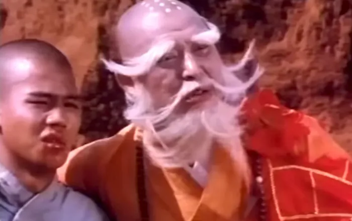 Image of Grandmaster and Shao Si Yer in a barren land with mountainous terrain and reddish sand. Grandmaster and Shao Si Yer are stand next to each other while looking toward the direction of Sung Li Ting who is fighting Yao Feng Lin. They are both injured and bruised. Shao Si Yer is wearing his grey training outfit while Grandmaster is wearing his orange and red robes.